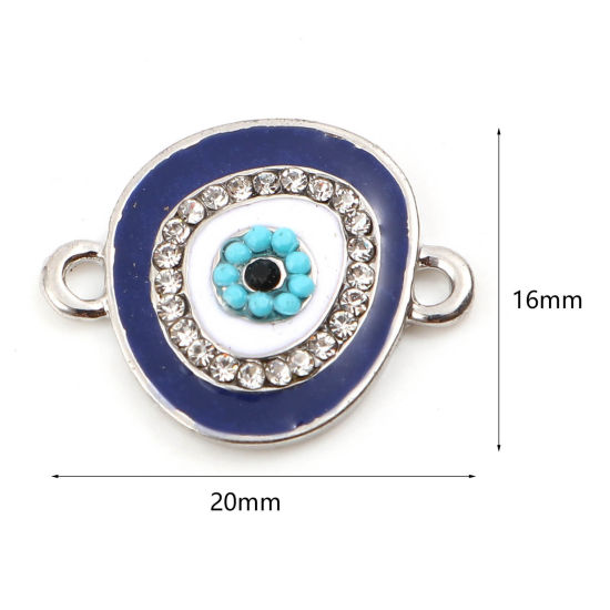 Immagine di Lega di Zinco Religione Connettore Accessori Ovale Tono Argento Bianco & Blu Malocchio Disegno Smalto Trasparente Strass 20mm x 16mm, 5 Pz