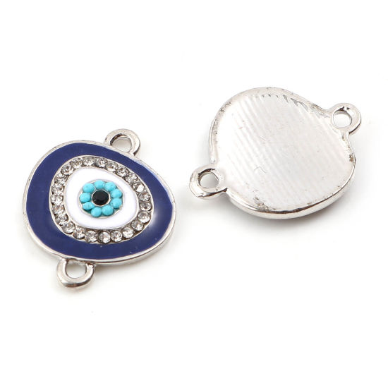 Immagine di Lega di Zinco Religione Connettore Accessori Ovale Tono Argento Bianco & Blu Malocchio Disegno Smalto Trasparente Strass 20mm x 16mm, 5 Pz