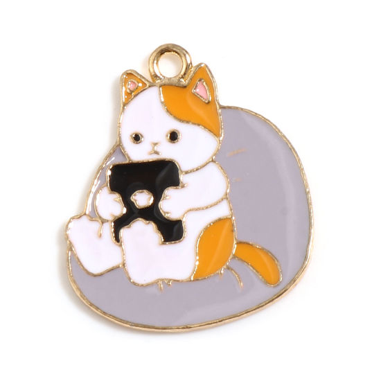 Picture of Zinc Based Alloy Charms Cat Animal Gold Plated White & Gray Enamel 27mm x 23mm, 5 PCs