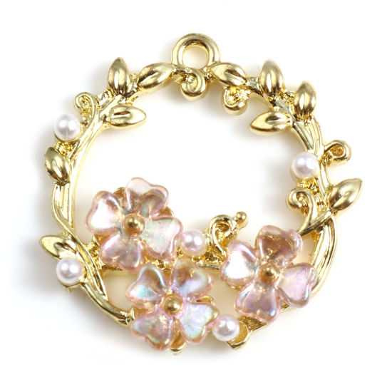 Picture of Zinc Based Alloy & Acrylic Charms Gold Plated Pink Wreath Imitation Pearl 24mm x 23mm, 2 PCs