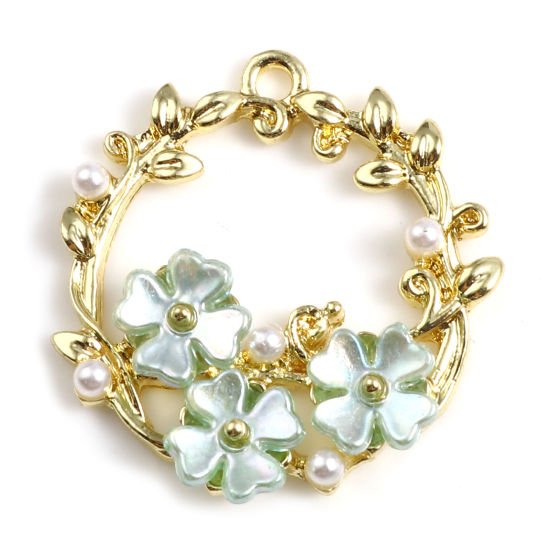 Picture of Zinc Based Alloy & Acrylic Charms Gold Plated Green Wreath Imitation Pearl 24mm x 23mm, 2 PCs