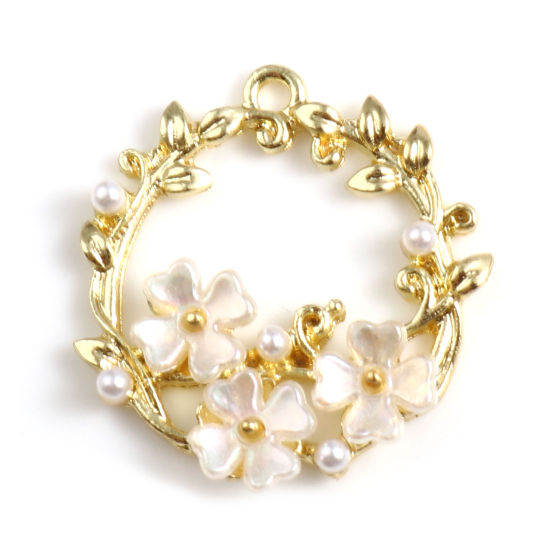 Picture of Zinc Based Alloy & Acrylic Charms Gold Plated White Wreath Imitation Pearl 24mm x 23mm, 2 PCs