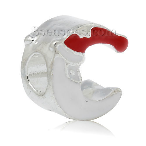 Picture of Zinc Based Alloy European Style Large Hole Charm Beads Half Moon Silver Plated Christmas Hat White & Red Enamel About 13mm x 12mm, Hole: Approx 4.8mm, 5 PCs