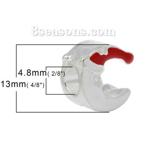 Picture of Zinc Based Alloy European Style Large Hole Charm Beads Half Moon Silver Plated Christmas Hat White & Red Enamel About 13mm x 12mm, Hole: Approx 4.8mm, 5 PCs
