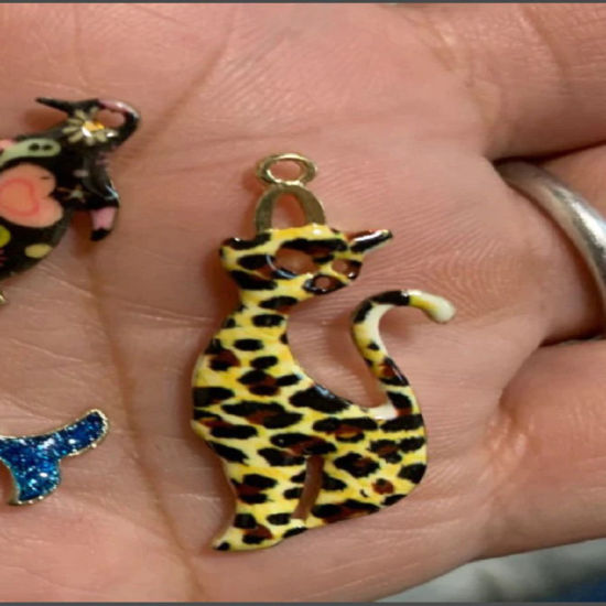 Picture of Zinc Based Alloy Pendants Cat Animal KC Gold Plated Yellow & Brown Leopard Print Enamel 37mm x 13mm, 10 PCs