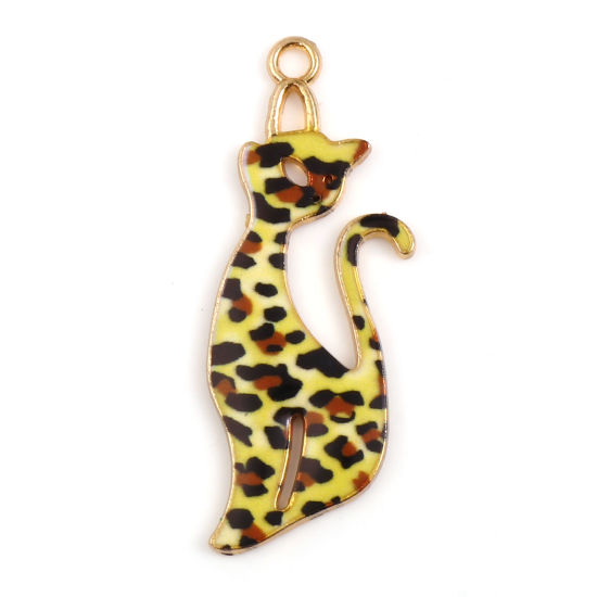 Picture of Zinc Based Alloy Pendants Cat Animal KC Gold Plated Yellow & Brown Leopard Print Enamel 37mm x 13mm, 10 PCs