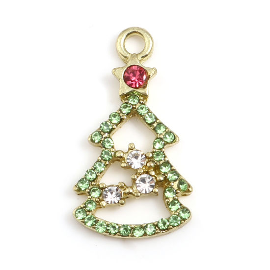 Bild von Zinklegierung Charms Weihnachten Weihnachtsbaum Vergoldet Bunt Strass 25mm x 13mm, 2 Stück