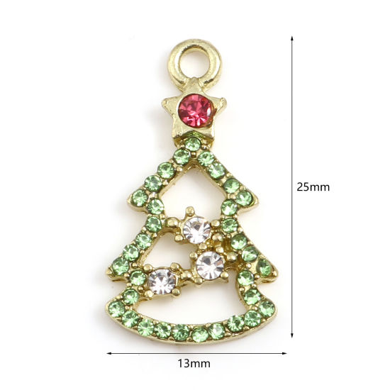Bild von Zinklegierung Charms Weihnachten Weihnachtsbaum Vergoldet Bunt Strass 25mm x 13mm, 2 Stück