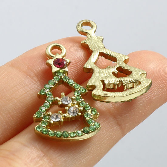 Bild von Zinklegierung Charms Weihnachten Weihnachtsbaum Vergoldet Bunt Strass 25mm x 13mm, 2 Stück