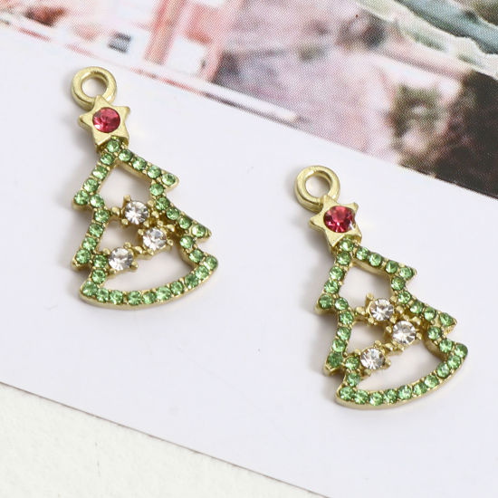 Bild von Zinklegierung Charms Weihnachten Weihnachtsbaum Vergoldet Bunt Strass 25mm x 13mm, 2 Stück