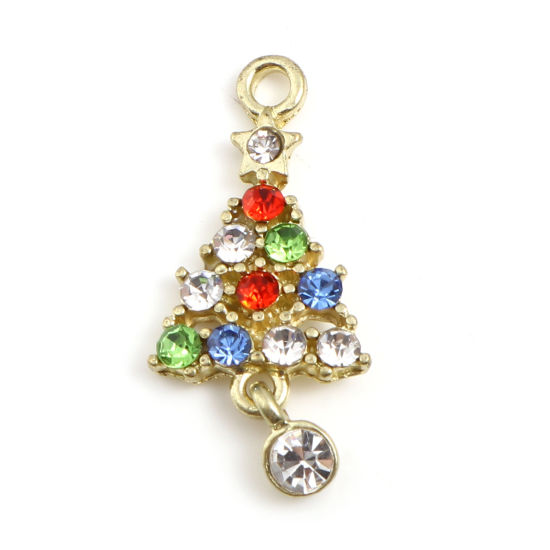 Picture of Zinc Based Alloy Charms Christmas Tree Gold Plated Multicolor Rhinestone 28mm x 13mm, 5 PCs