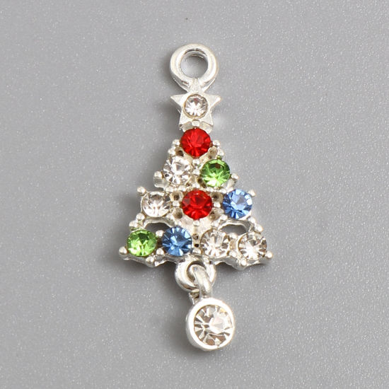 Picture of Zinc Based Alloy Charms Christmas Tree Silver Plated Multicolor Rhinestone 28mm x 13mm, 5 PCs