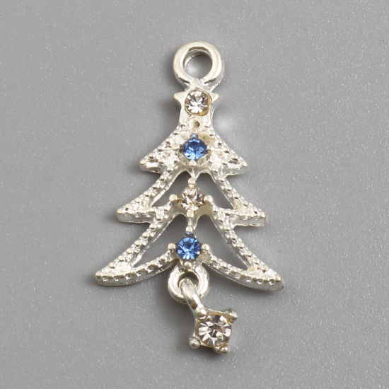 Picture of Zinc Based Alloy Charms Christmas Tree Silver Plated Clear & Blue Rhinestone 27mm x 15mm, 10 PCs