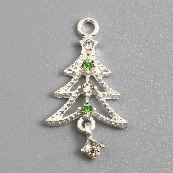 Picture of Zinc Based Alloy Charms Christmas Tree Silver Plated Clear & Green Rhinestone 27mm x 15mm, 10 PCs