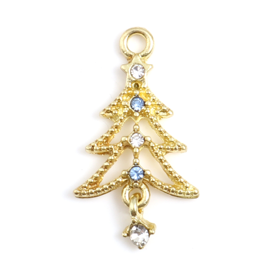 Picture of Zinc Based Alloy Charms Christmas Tree Gold Plated Clear & Blue Rhinestone 27mm x 15mm, 10 PCs