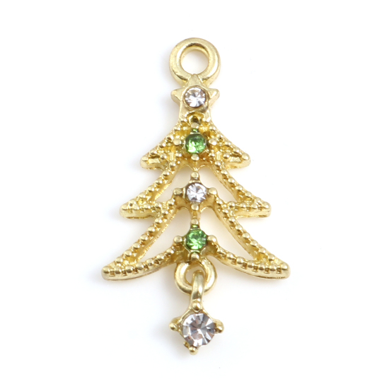 Picture of Zinc Based Alloy Charms Christmas Tree Gold Plated Clear & Green Rhinestone 27mm x 15mm, 10 PCs