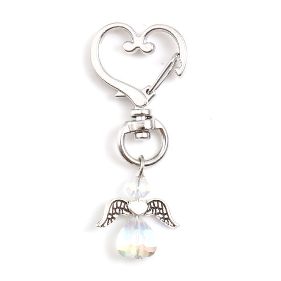 Picture of Acrylic Keychain & Keyring Antique Silver Color Clear AB Color Angel Heart 5.6cm x 2.4cm, 5 PCs