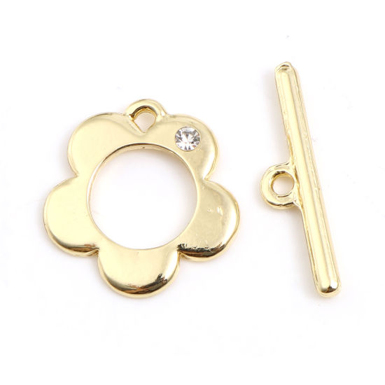 Picture of Zinc Based Alloy Toggle Clasps Real Gold Plated Flower 24mm x 6mm 20mm x 19mm, 5 Sets ( 2 PCs/Set)