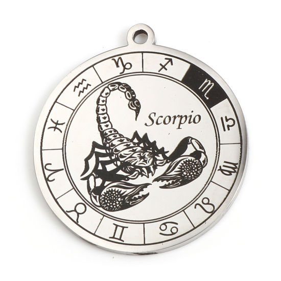 Immagine di 201 Acciaio Inossidabile Ciondoli Tondo Tono Argento Nero Costellazione Scorpione 33mm x 30mm, 1 Pz