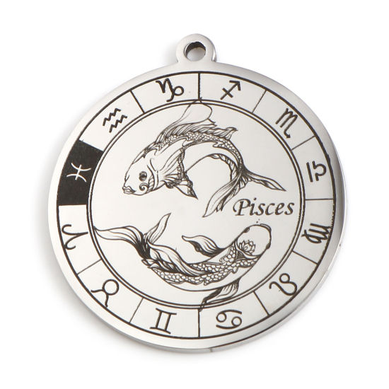 Immagine di 201 Acciaio Inossidabile Ciondoli Tondo Tono Argento Nero Costellazione Pesci 33mm x 30mm, 1 Pz