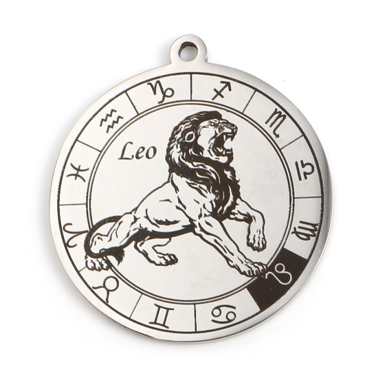 Immagine di 201 Acciaio Inossidabile Ciondoli Tondo Tono Argento Nero Costellazione Leone 33mm x 30mm, 1 Pz