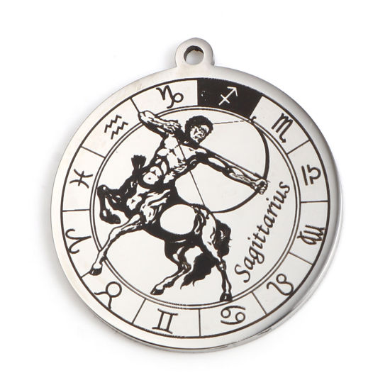 Immagine di 201 Acciaio Inossidabile Ciondoli Tondo Tono Argento Nero Costellazione Sagittario 33mm x 30mm, 1 Pz