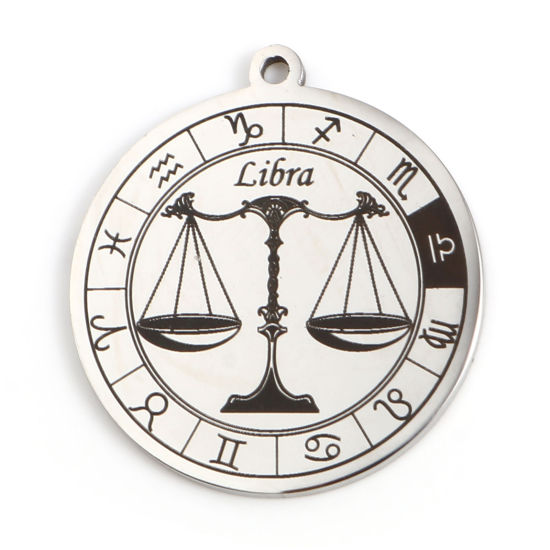 Immagine di 201 Acciaio Inossidabile Ciondoli Tondo Tono Argento Nero Costellazione Libra 33mm x 30mm, 1 Pz