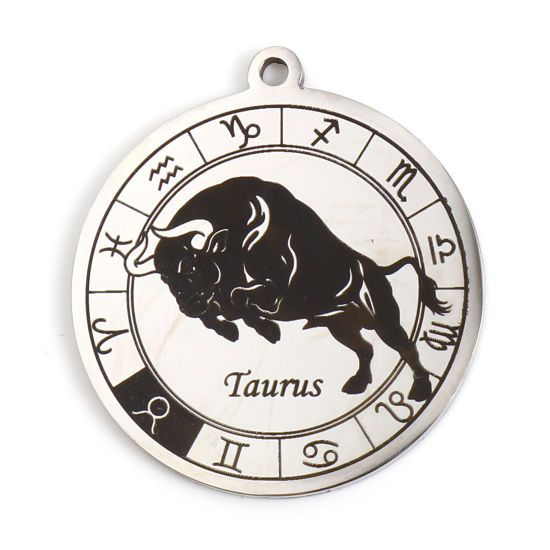 Immagine di 201 Acciaio Inossidabile Ciondoli Tondo Tono Argento Nero Costellazione Toro 33mm x 30mm, 1 Pz
