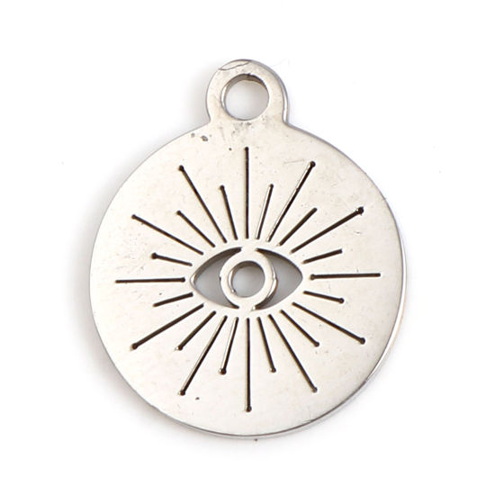 Immagine di 201 Acciaio Inossidabile Religione Charms Tondo Tono Argento Nero Occhio della Provvidenza/ Occhio che Tutto Vede 14mm x 12mm, 5 Pz