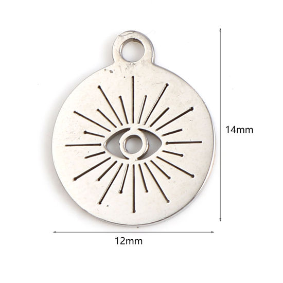 Immagine di 201 Acciaio Inossidabile Religione Charms Tondo Tono Argento Nero Occhio della Provvidenza/ Occhio che Tutto Vede 14mm x 12mm, 5 Pz