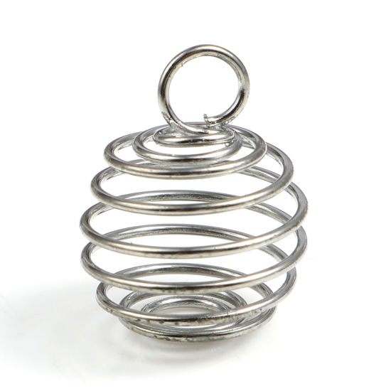 Image de Perles à Ressort Cage en Alliage de Fer Forme Ovale Argent Mat, 14mm x 12mm, 20 Pcs