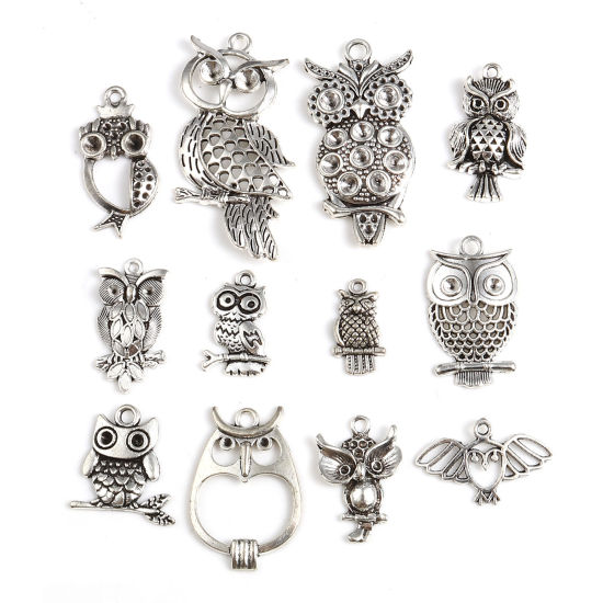 Picture of Zinc Based Alloy Pendants Owl Animal Antique Silver Color 5.3cm x 2.6cm - 2.1cm x 1.1cm, 1 Packet ( 12 PCs/Packet)