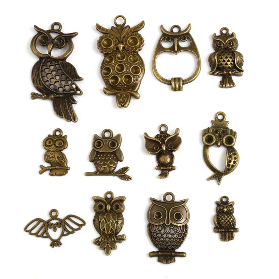 Picture of Zinc Based Alloy Pendants Owl Animal Antique Bronze 5.3cm x 2.6cm - 2.1cm x 1.1cm, 1 Packet ( 12 PCs/Packet)