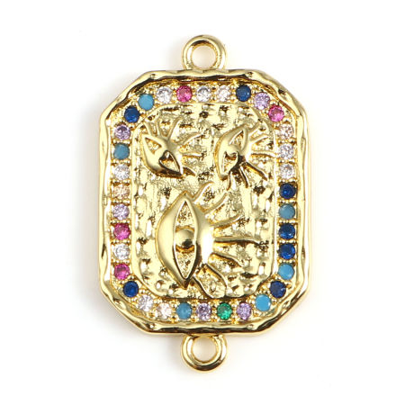 Picture of Brass Religious Connectors Polygon Gold Plated Evil Eye Micro Pave Multicolour Cubic Zirconia 23mm x 15mm, 1 Piece