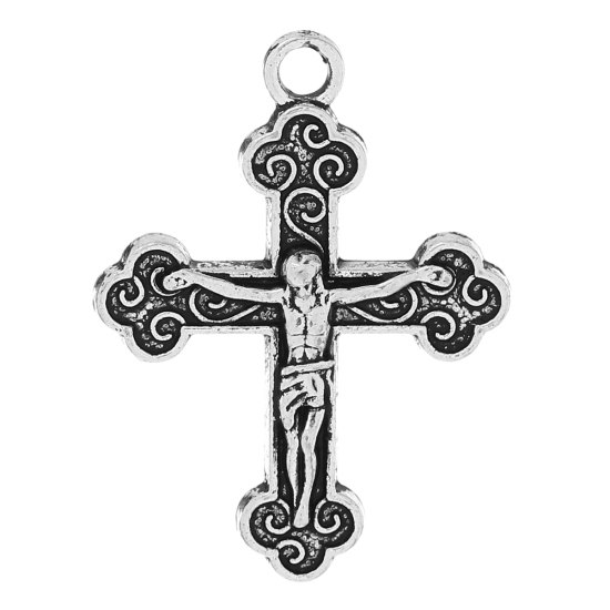 Bild von Zinklegierung Charm Anhänger Kreuz Antiksilber Jesus 29mm x 22mm, 50 Stücke