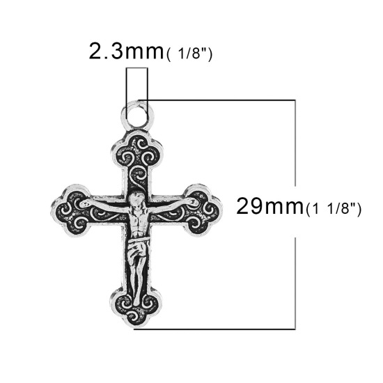 Bild von Zinklegierung Charm Anhänger Kreuz Antiksilber Jesus 29mm x 22mm, 50 Stücke