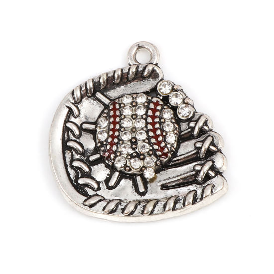 Immagine di Lega di Zinco Sport Charms Baseball Argento Antico Rosso Guanto Trasparente Strass Smalto 26mm x 24mm , 1 Pz