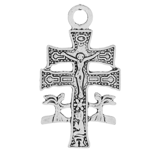 Immagine di Lega di Zinco Charm Ciondoli Croce Argento Antico Gesù Scolpito 36mm x 20mm , 30 Pz