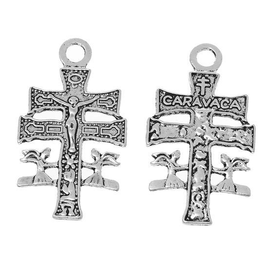 Immagine di Lega di Zinco Charm Ciondoli Croce Argento Antico Gesù Scolpito 36mm x 20mm , 30 Pz