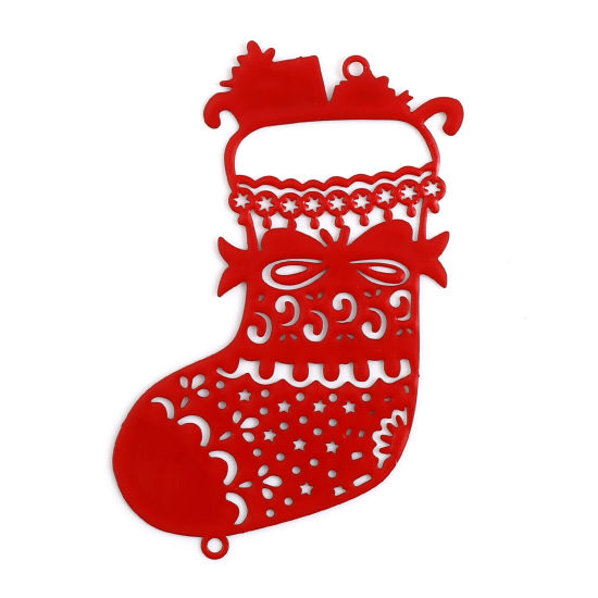 Bild von Messing Filigran Stempel Verzierung Verbinder Weihnachtsstiefel Rot Filigran Spritzlackierung 6.3cm x 4.4cm, 5 Stück
