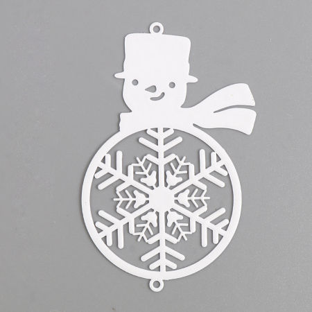 Picture of Brass Filigree Stamping Connectors Christmas Snowman White Snowflake Painted 6.2cm x 4.1cm, 5 PCs