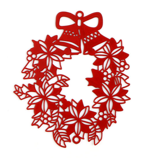 Bild von Messing Filigran Stempel Verzierung Verbinder Weihnachten Weihnachtskranz Rot Spritzlackierung 5.5cm x 4.6cm, 5 Stück