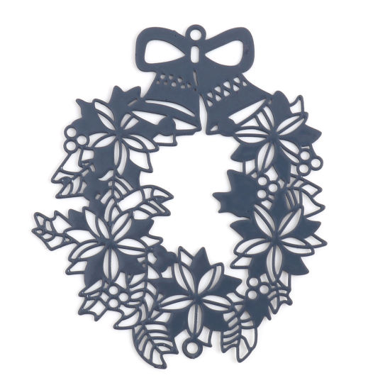Bild von Messing Filigran Stempel Verzierung Verbinder Weihnachten Weihnachtskranz Grau Spritzlackierung 5.5cm x 4.6cm, 5 Stück