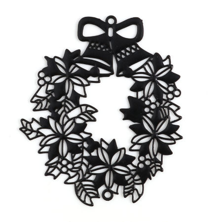 Picture of Brass Filigree Stamping Connectors Christmas Wreath Black Painted 5.5cm x 4.6cm, 5 PCs