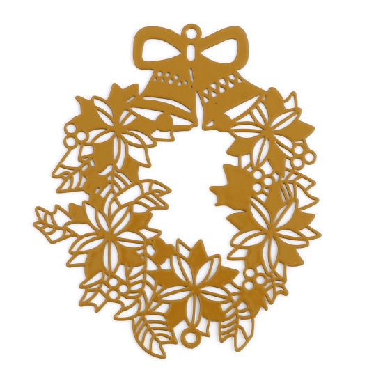 Bild von Messing Filigran Stempel Verzierung Verbinder Weihnachten Weihnachtskranz Braun Gelb Spritzlackierung 5.5cm x 4.6cm, 5 Stück