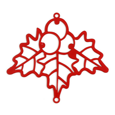 Picture of Brass Filigree Stamping Connectors Christmas Holly Leaf Red Painted 5cm x 4.5cm, 5 PCs