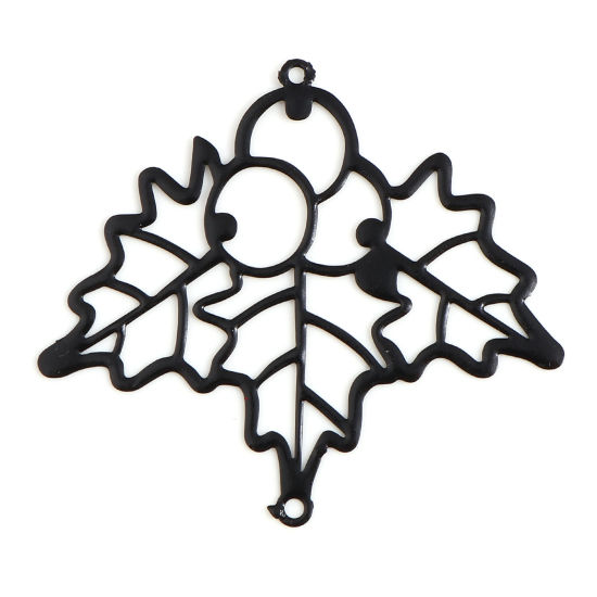 Bild von Messing Filigran Stempel Verzierung Verbinder Weihnachten Stechpalmblätter Schwarz Spritzlackierung 5cm x 4.5cm, 5 Stück                                                                                                                                      