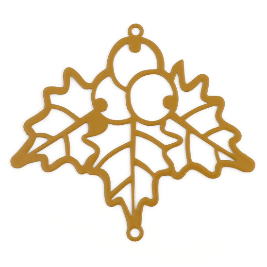 Bild von Messing Filigran Stempel Verzierung Verbinder Weihnachten Stechpalmblätter Braun Gelb Spritzlackierung 5cm x 4.5cm, 5 Stück                                                                                                                                   