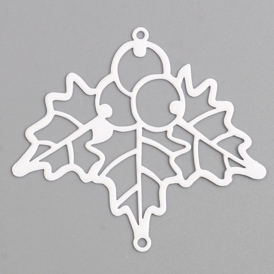 Bild von Messing Filigran Stempel Verzierung Verbinder Weihnachten Stechpalmblätter Weiß Spritzlackierung 5cm x 4.5cm, 5 Stück                                                                                                                                         