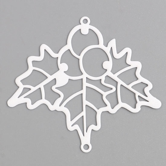 Picture of Brass Filigree Stamping Connectors Christmas Holly Leaf White Painted 5cm x 4.5cm, 5 PCs                                                                                                                                                                      